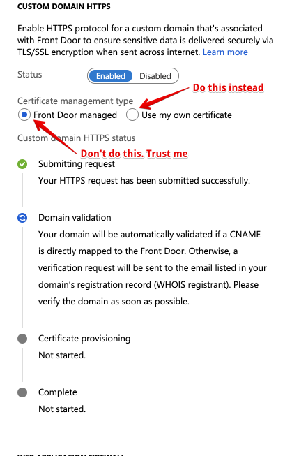 Screenshot of SSL certificate options