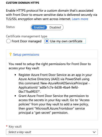 Screenshot of instructions to setup access to KeyVault